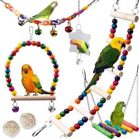 Juego de juguetes para pájaros, Accesorios para periquitos, Enriquecimiento para jaulas, 7 piezas de madera natural, Piezas variadas, Colorido (1/5)