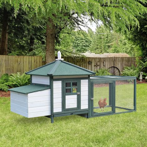 Pollaio multifunzionale in stile rustico con posatoio, rampa, nido, recinto e vassoio per la raccolta degli escrementi. 196L x 76W x 97H cm. Legno massello di pino, verde e bianco. (1/5)