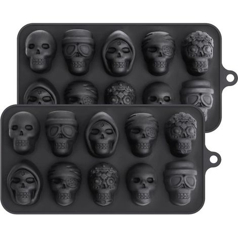 Stampo per cioccolato a forma di teschio con 5 forme diverse, stampo in silicone a forma di scheletro per cioccolato, caramelle, gelatine, gelato, cubetti e dolcetti di Halloween, confezione da 2 (1/5)