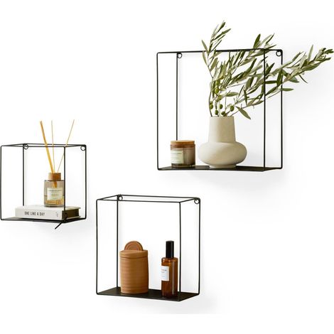 Etagère Murale flottantes en Lot de 3, Etagères décorative Moderne, Porte Photo Mural décoratif pour Salon, 22x12x22cm - 27x12x27cm - 32x12x32cm, Métal Noir (1/5)