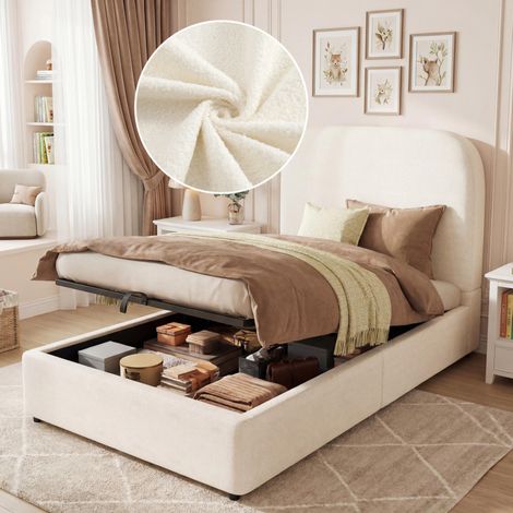 Letto per bambini in tessuto bouclé beige, 90x200 cm, con contenitore idraulico e rete a doghe inclusa. (1/5)