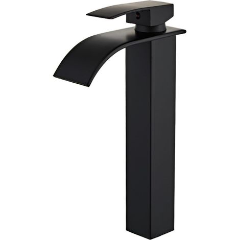 Mitigeur lavabo cascade, noir, surélevé, pour lavabo moderne (1/5)