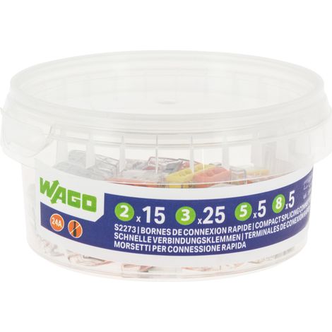 Wago – Pot de 50 bornes de connexion automatique 2,3,5 et 8 entrées – Type PUSH WIRE® – Tension 400V – Courant 24A – Raccordement 1 à 2.5 mm² - S2273