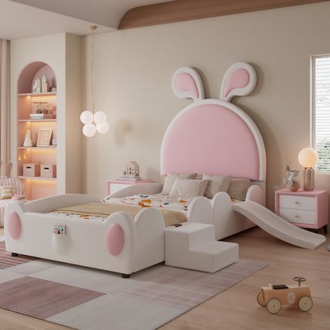 letto 90x200 con scivolo e scala coniglio rosa bianco OKMYHOME (1/5)