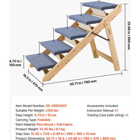 VEVOR Wood Pet Stairs, 5-Step Dog Stairs for Beds, Sofa & Cars, 68 kg Load Capacity, Floded Flat Design, Stable & Sturdy Cat & Dog Step Ladder for Small Medium Large Older Pet Puppy Essentials (1/4)