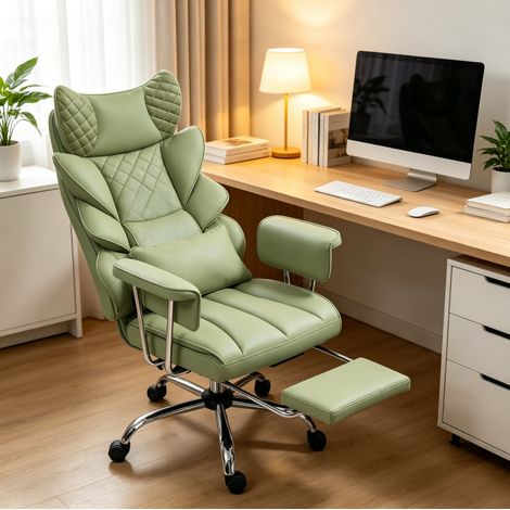 Fauteuil de bureau directeur vert en simili cuir PU avec massage 3D, repose-pieds rabattable, inclinable 135°, siège pivotant pour bureau et maison (1/5)
