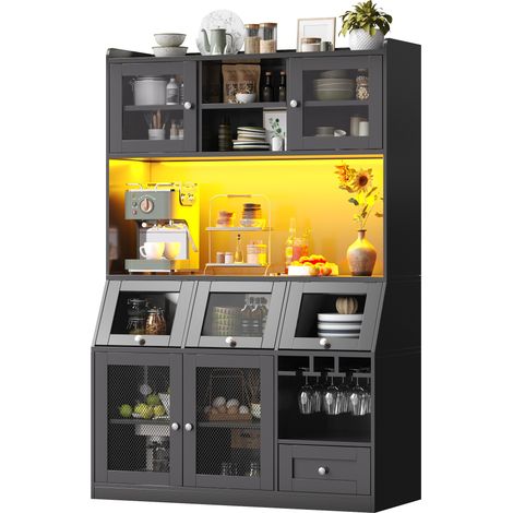 Dispensa da Cucina Alta con Anta in Vetro, Cassetto, Ripiani Regolabili, LED e USB, MDF Nero, 120 x 40 x 181.7 cm (1/5)