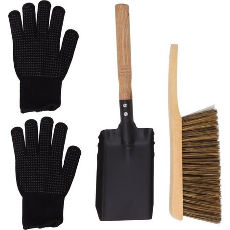 Eosnow Ensemble de brosses à pelle à cendres de cheminée, outils de nettoyage de foyer à charbon pour la maison avec des gants en Silicone noirs (1/4)
