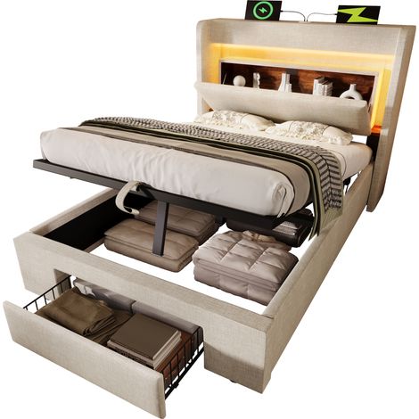 Letto Contenitore Singolo, USB, USB-C, LED e Cassetto, 90 x 200 cm, Materasso Incluso, Beige (1/5)