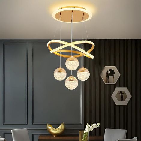 Lustre moderne de luxe, suspension LED 101 W, plafonnier LED à 4 têtes en acrylique, 3 températures de couleur réglables, hauteur réglable, φ 40 cm (1/5)