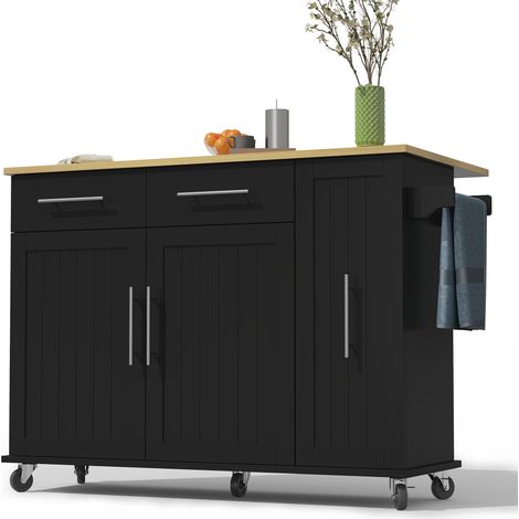 ELVMI Carro de Cocina con Ruedas, Organizador Extraíble de 3 Niveles y Encimera Abatible, MDF, Negro Natural (1/5)