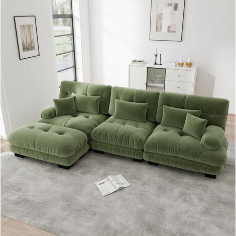 Sofá esquinero modular 313x145x81 cm de chenilla verde con otomana - MEUBLIV (1/5)