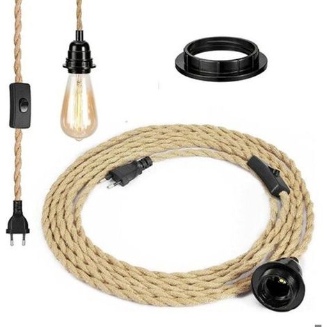 Lustre en corde, douille rétro E27 avec fil électrique de 4,5 mètres et interrupteur, pour lampe suspendue en corde (ampoule non (1/5)
