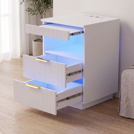 Comodino led con stazione di ricarica usb e cassetti 40x40x60 cm tavolino da notte moderno effetto cannettato per camera da letto - bianco (1/5)