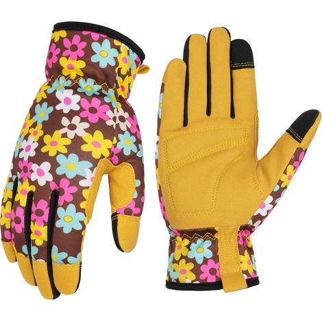 Gardening Gloves for Women, Work Gloves with Touch Screens, Leather Gardening Glove for Women, Anti-Thorns, Non-Slip for Digging, Planting and Pruning (Yellow-L) (1/5)