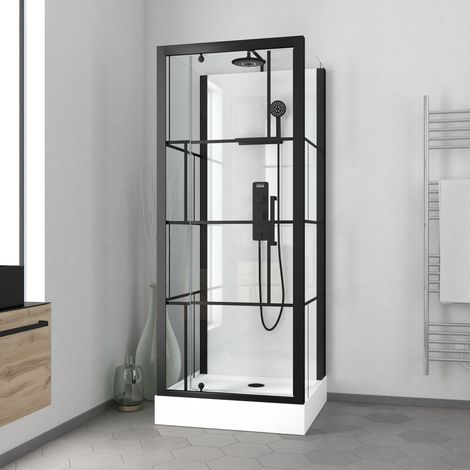 cabine de douche carrée 80x80x213 cm - porte pivotante - fond blanc et profilés noir mat - rubiq
