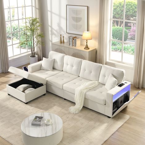 Canapé d’angle xxl 253x144.5x80.7 modulable 4 places en L, ports de charge, LED, pouf coffre mobile, rangements accoudoirs, lin, beige (1/5)