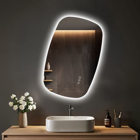 S'Afielina – Miroir lumineux de salle de bain 70×45 cm ovale – LED dimmable 3 couleurs – Anti-buée – Montage horizontal et vertical – Verre haute résolution