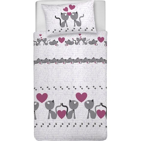 Parure de lit Simple 100% Coton, avec Sac 155 x 200 cm et 1 taie d'oreiller 52 x 82 cm, fabriquée en Italie, Housse de Couette Lavable en Machine à 40 °, Fantaisie Chatons Roses (1/2)