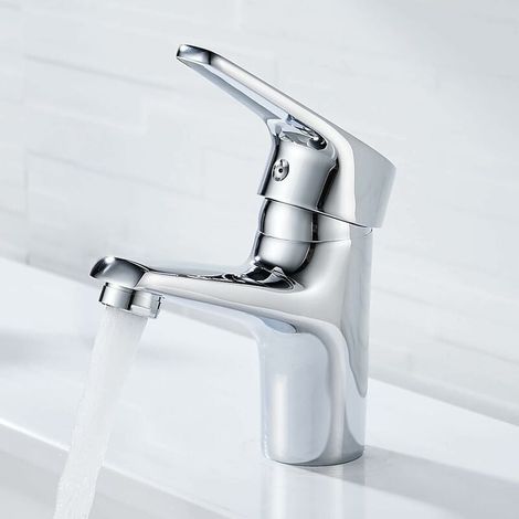 Grifo de baño de caño bajo, mezclador de lavabo de un solo orificio, grifo de baño con agua fría y caliente, cromado y plateado. (1/4)