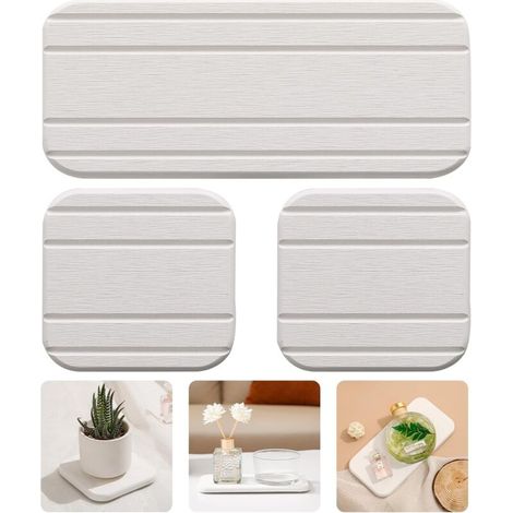 Lot de 3 plateaux absorbants en terre de diatomées pour évier, porte-savon et porte-brosses à dents à séchage rapide pour comptoir de salle de bain, 1 plateau en pierre, 2 sous-verres en pierre