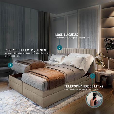 Ensemble 160x200 cm ADÈLE matelas+sommier relaxation électrique beige (1/4)