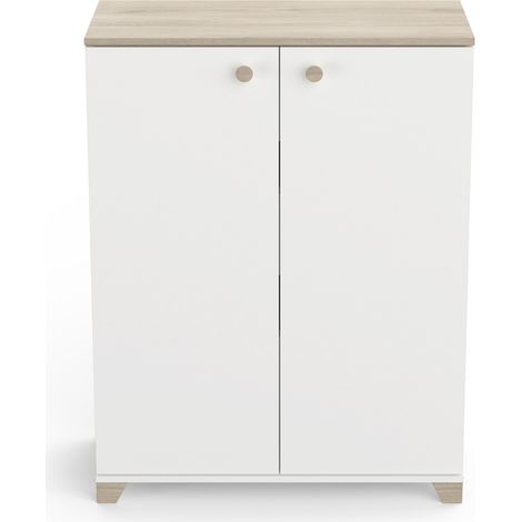 Meuble de rangement 2 portes 2 étagères couleur chêne / blanc mat - Largeur 79,7 x Profondeur 35,1 x Hauteur 104,2 cm (1/5)
