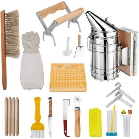 Kit d'outils de démarrage pour apiculture 15 pièces Kit de ruche Outils de ruche Accessoires d'apiculture avec enfumoir de ruche, brosse à abeilles, grattoir à désoperculer, gants d'apiculture, outil (1/4)