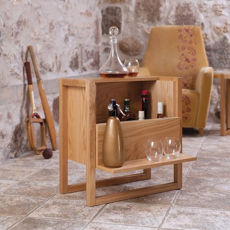 M&S – Mini bar chêne massif 59x30x60 cm – Panneaux de particules placage chêne – Pour 5 bouteilles de vin – Design chic et compact