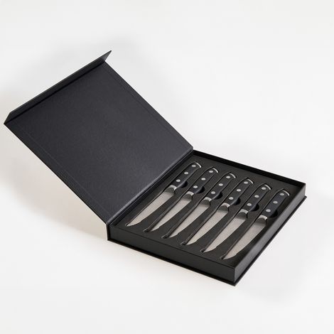 Conjunto de 6 cuchillos para carne caja elegante acero inoxidable mango de madera hoja dentada negro Toyama (1/5)