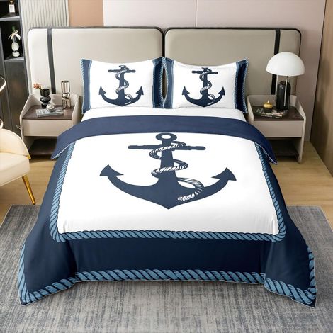 Anchor Imprimer Housse de Couette 140x200cm 100% Coton pour Garçons Filles Adolescents Océan Parure de Lit mer Aventure Ensemble de Literie Bleu Marine Blanc - 140 x 200 cm + 1 taie d'oreiller 65 x 65 (1/5)