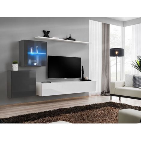 Ensemble mural - Switch XV - 2 vitrines - 1 banc TV - 2 étagères - Blanc et graphite - Modèle 2 - Livraison gratuite