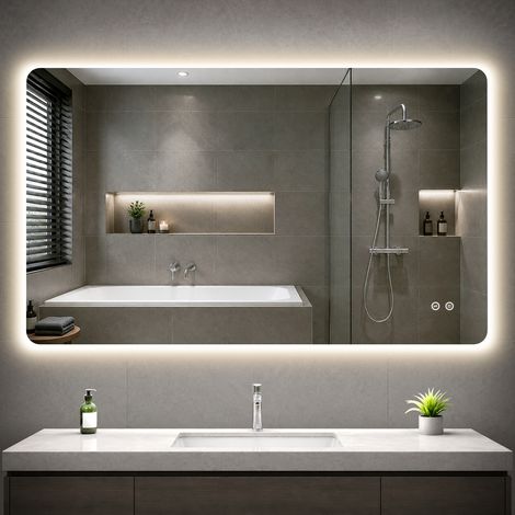Badspiegel mit Beleuchtung, 100x60cm LED Spiegel mit Licht, 3 Lichtfarben, Dimmbar, Speicherfunktion, IP44, Rückbeleuchtet, 4mm HD-Glas, für Badezimmer, WC, Flur (1/5)