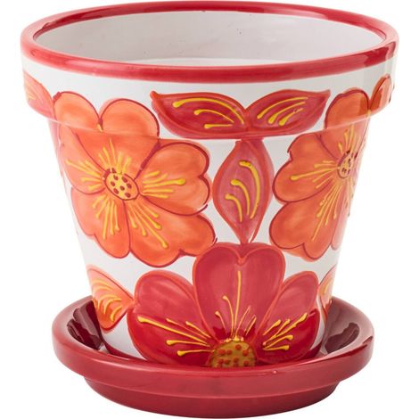 Cache pot en poterie à fleurs orange - orange et blanc (1/3)