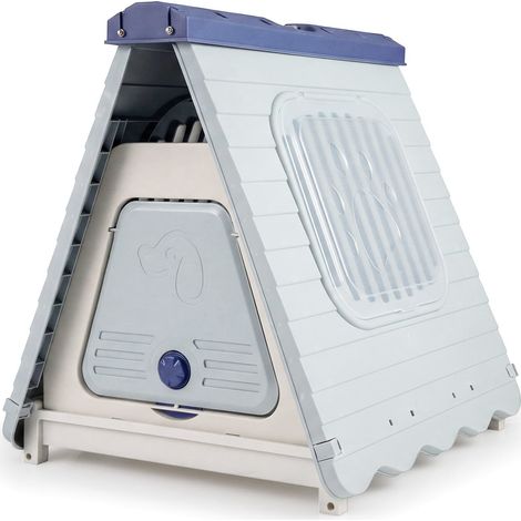 Caseta para perros de exterior, ventanas ventiladas, plegable, azul.