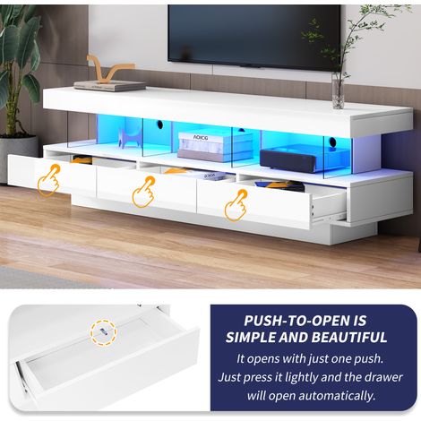 Meuble TV blanc laqué brillant 160x38x50,5 cm, 3 compartiments en verre, éclairage LED pilotable par appli, connexion Bluetooth, support pour téléviseur 70 pouces, meuble téléviseur intelligent avec é (1/5)