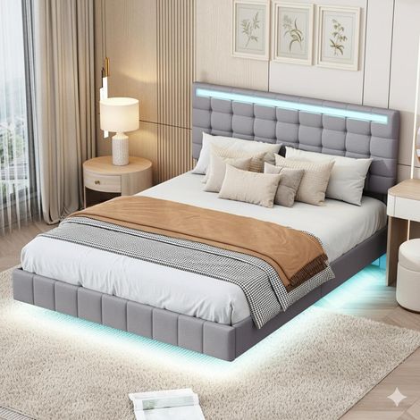 Cama de 140 x 200 cm - Cama doble flotante de 140 y somier - Cabecero ajustable con LED RGB y 2 puertos USB - En lino gris (1/5)