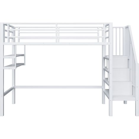 Lit mezzanine enfant 90 x 200 cm blanc avec étagères et escalier de rangement (1/5)