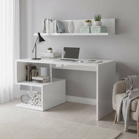 Dmora - Schreibtisch Dmorisc, Linearer Schreibtisch mit PC-Halterung, Mehrzweck-Bürotisch, platzsparender Multipositions-Schreibtisch, 100 % Made in Italy, cm 140x60h78, glänzend weiß (1/5)