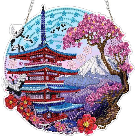 Diamant Painting Anhänger Japanische Pagode Kirschblüte mit Kette 20x20cm (1/4)