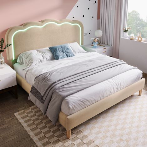 DESMIU Lit Adulte Lit Double LED Réglable avec Tête de Lit Ajustable 140 × 200 cm, Sans Matelas, Beige (1/5)
