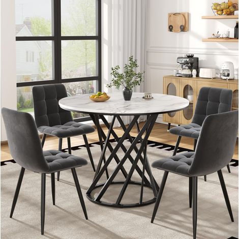 Conjunto de mesa y 4 sillas, mesa redonda Ø 80 cm, tablero MDF efecto mármol HAVRYA (1/5)