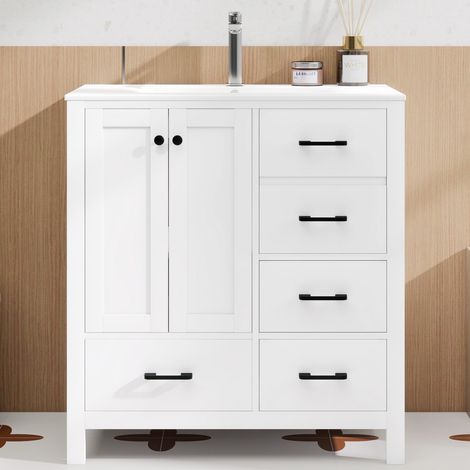 Meuble vasque salle de bain sur pied blanc 76×46×82 cm, finition laquée, tiroirs de rangement, étagères réglables, vasque céramique intégrée (1/5)