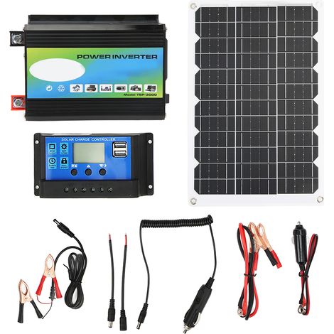 Kit solaire portable avec onduleur, double USB, contrôleur de charge 30A 12V/24V, panneau 18W 18V noir, convertisseur 12V-110V (1/5)