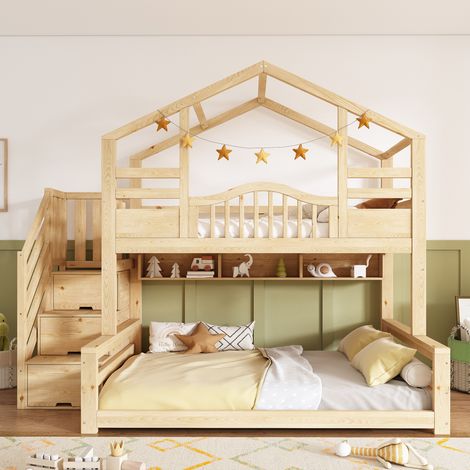 Lit superposé cabane 90x200 et 140x200cm Lit familial avec escalier à rangements,étagères,garde-corps,pin massif et MDF,Naturel (1/5)