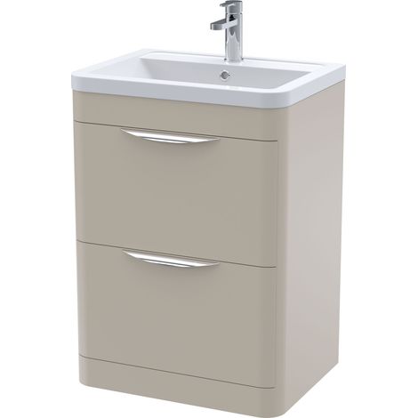 Aldershawe Contemporary Floor Standing 2 Drawer Vanity Basin Unit, Ceramic Basin, 600mm, Pebble Grey (1/4)