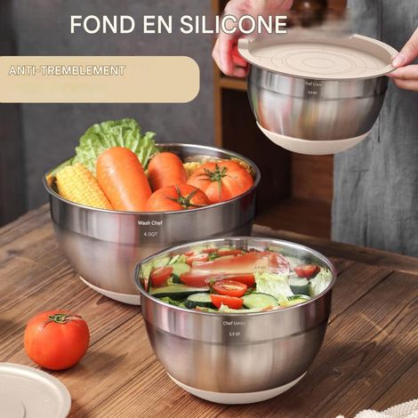 Ensemble de 10 bols mélangeurs en acier inoxydable couleur kaki, avec couvercle hermétique, râpe et base antidérapante. Idéal pour la préparation et le service des aliments. (1/5)