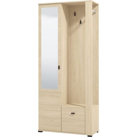 Eingangsmöbel Vique, Inkl. Spiegel, 6 Regale, Garderobe, 87x36x197h cm Eichenbraun