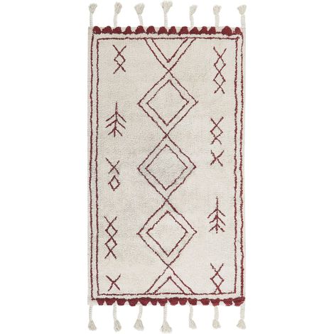 Tappeto cotone bianco sporco e rosso scuro 80 x 150 cm motivo geometrico Kenitra