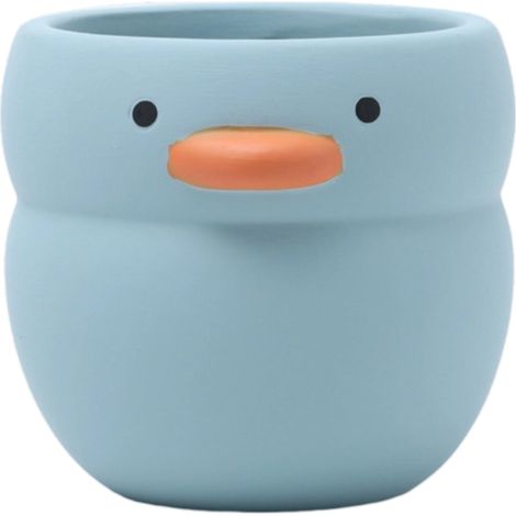 Pot de fleurs en céramique rond en forme de canard jaune mignon avec porte-stylo décoratif. Pot en argile respirant pour orchidée verte charnue. (1/5)